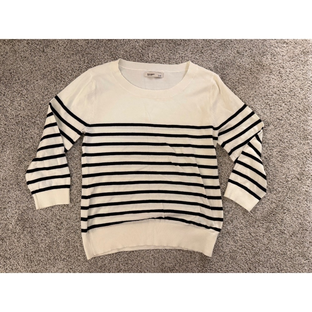 Old Navy Womens Striped Crew Neck Sweater Cream Navy Blue 3/4 Sleeve Large